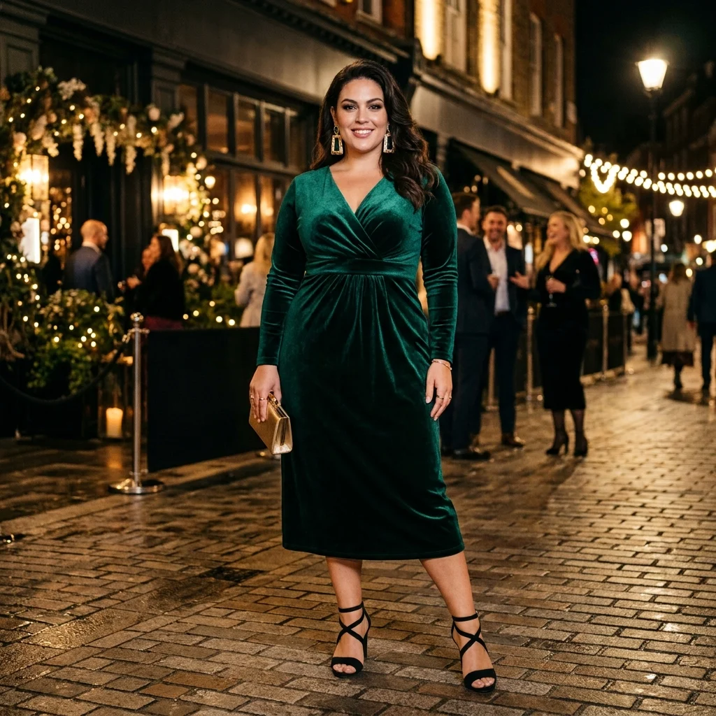 Alt Text: Plus-size woman wearing a bold jewel-toned night-out dress with statement earrings and a metallic clutch.
