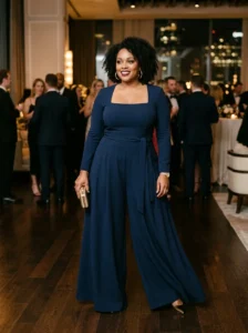 Alt Text: Plus-size woman wearing a dramatic evening layer over a simple outfit.