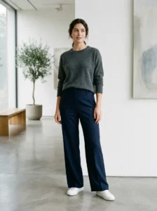Alt Text:
Woman wearing well-fitted clothing with balanced shoulders, sleeves, waist, and proportions.