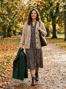 Layered transitional fall outfit with a warm coat available for colder weather