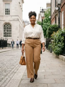 Alt Text: Plus-size woman wearing a silk scarf with a classic old money outfit