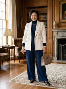 Alt Text: Plus-size woman wearing a classy old money inspired outfit with tailored trousers and a blazer.