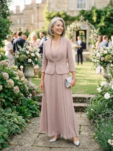 Alt Text: Modern elegant mother of the bride outfit with sophisticated styling