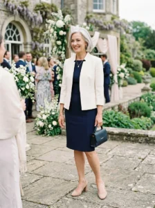 Alt Text: Mother of the bride wearing a sheath dress with a structured jacket