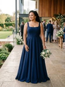 Alt Text: Plus-size mother of the bride wearing a flowing comfortable formal gown.