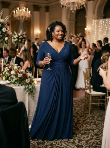 Alt Text: Plus-size mother of the bride wearing a dress with a tailored jacket.