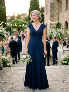 Alt Text: Mother of the bride dress with elegant three-quarter sleeves