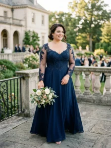 Alt Text: Plus-size woman wearing a formal gown with a stretch lace overlay.