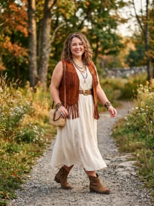 Alt Text: Plus size woman wearing layered boho accessories with a flowing outfit.