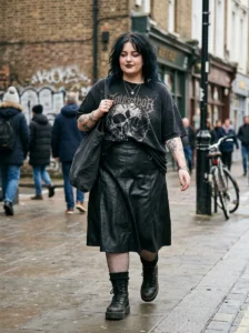Alt Text: Plus-size woman wearing layered black basics with statement goth bootsAlt Text: Plus-size woman wearing layered black basics with statement goth boots