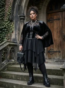 Alt Text: Essential elements of a bold plus size goth outfit