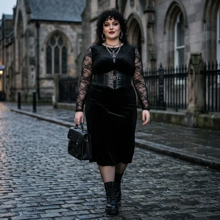 Alt Text: Plus-size woman wearing a dramatic black goth outfit with velvet, lace, and platform boots