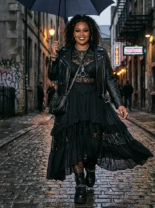 Alt Text: Plus-size woman wearing a high-collared blouse and structured gothic skirt