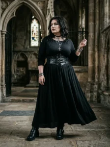 Alt Text: Plus-size woman wearing a tiered black maxi skirt with lace details