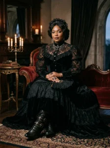 Alt Text: Plus-size woman wearing a lace-up corset top with wide-leg goth pants