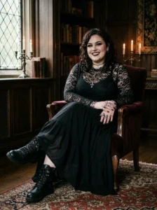 Alt Text: Plus-size woman wearing a comfortable and expressive goth outfit