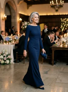 Alt Text: Elegant column gown for a modern mother of the bride