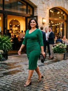 Alt Text: Plus-size woman wearing an emerald jewel-toned bodycon dress for a night out.