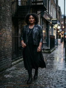 Alt Text: Plus-size woman wearing an oversized band tee with a pleated black skirt