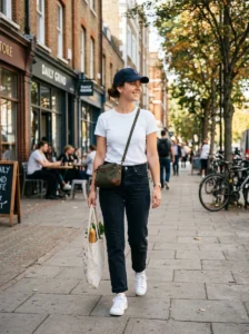 ALT: Casual jeans outfit with t-shirt and sneakers