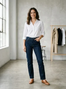 Alt Text:
Woman wearing timeless dark straight-leg denim with a classic white shirt