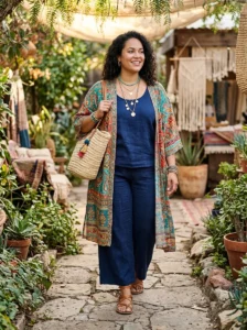 Alt Text: Plus size woman wearing wide-leg jeans with a flowy boho top.