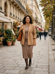 Alt Text: Plus-size woman wearing classic neutral knitwear in an old money style