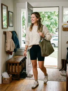 Alt Text: Organized boho mom wardrobe with practical everyday clothing