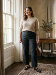 Alt Text: Plus-size woman wearing tailored trousers and a classic polished outfit