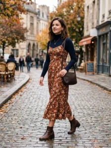Summer dress layered over a fitted turtleneck for a structured fall outfit