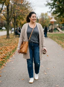 Alt Text: Plus size mom wearing a soft knit dress with sneakers.