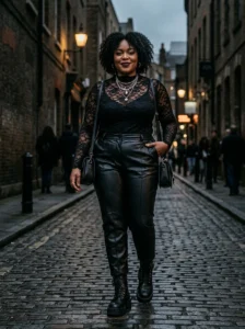 Alt Text: Plus-size woman wearing comfortable everyday goth basics