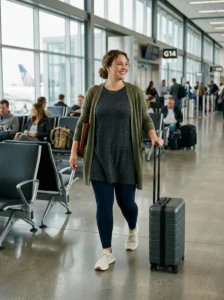 Alt Text: Plus-size woman wearing stretch leggings and a longline tunic while traveling