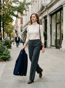 Alt Text:
Woman building a transitional outfit around a versatile mid-weight base layer