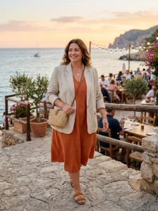 Alt Text: Plus-size woman wearing comfortable wide-leg culottes on vacation.