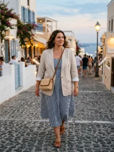 Alt Text: Plus-size woman wearing a cropped cotton cardigan over a vacation dress.