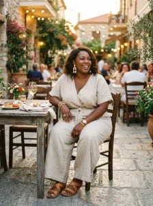 Alt Text: Plus-size woman wearing a lightweight layer over a breezy vacation outfit.