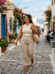 Alt Text: Plus-size woman wearing a sarong wrap skirt over swimwear at the beach.