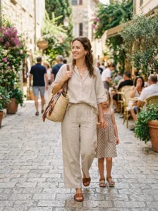 Alt Text: Boho mom outfit styled with layered necklaces