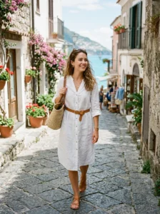 Woman wearing a Breton striped top with white trousers