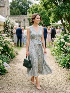 Alt Text: Woman wearing a polished midi dress for a smart casual wedding