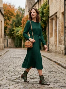 Alt Text: Midi dress styled with ankle boots for a balanced outfit