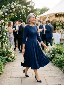 Alt Text: Modern fit-and-flare midi dress for the mother of the bride
