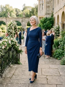 Alt Text: Elegant modern mother of the bride dress at a wedding
