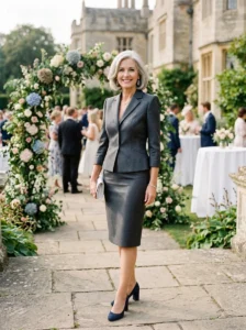 Alt Text: Modern mother of the bride style with a contemporary elegant silhouette