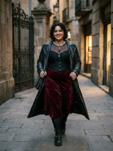Alt Text: Confident plus-size woman wearing a bold modern goth outfit