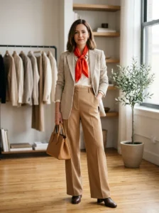 Alt Text: Balanced neutral outfit with one clear colorful focal point