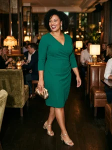 Alt Text: Plus-size woman wearing a stylish and comfortable statement outfit for a night out.