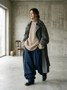Alt Text: Oversized outfit showing how too much volume can create a shapeless silhouette