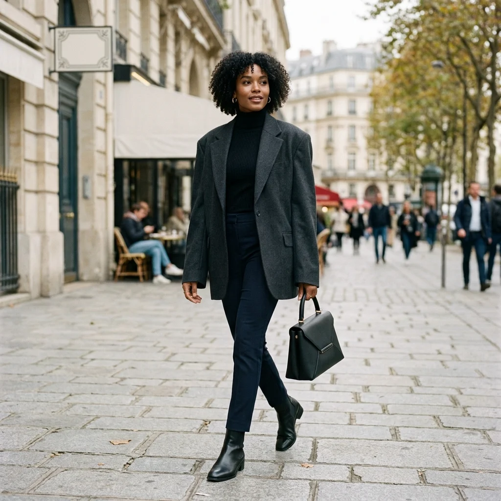 Alt Text: Woman wearing a balanced oversized outfit with fitted and structured pieces